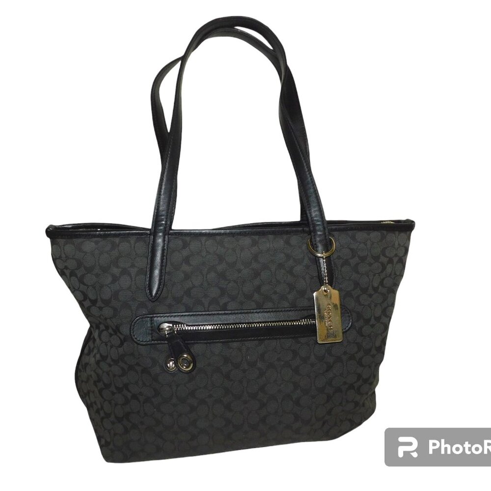 COACH #79579 Signature Taylor Tote Black & Gray Jaquard with Leather Trim